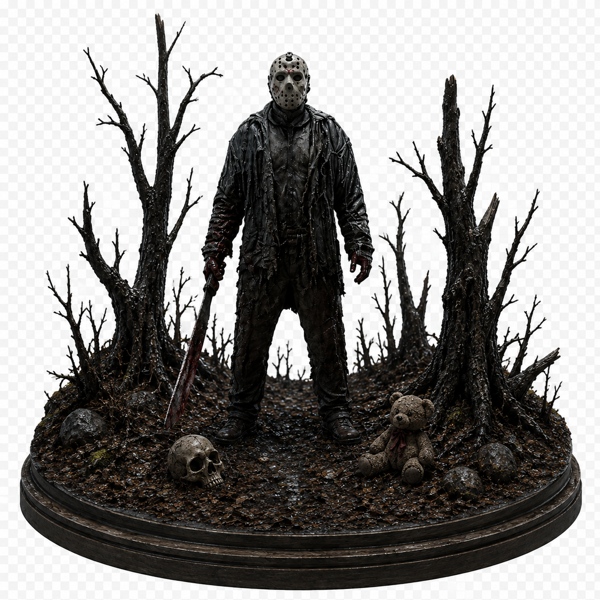 Jason Voorhees 3D Hand-Painted Horror Diorama – Forest & Teddy Bear – 20 cm
