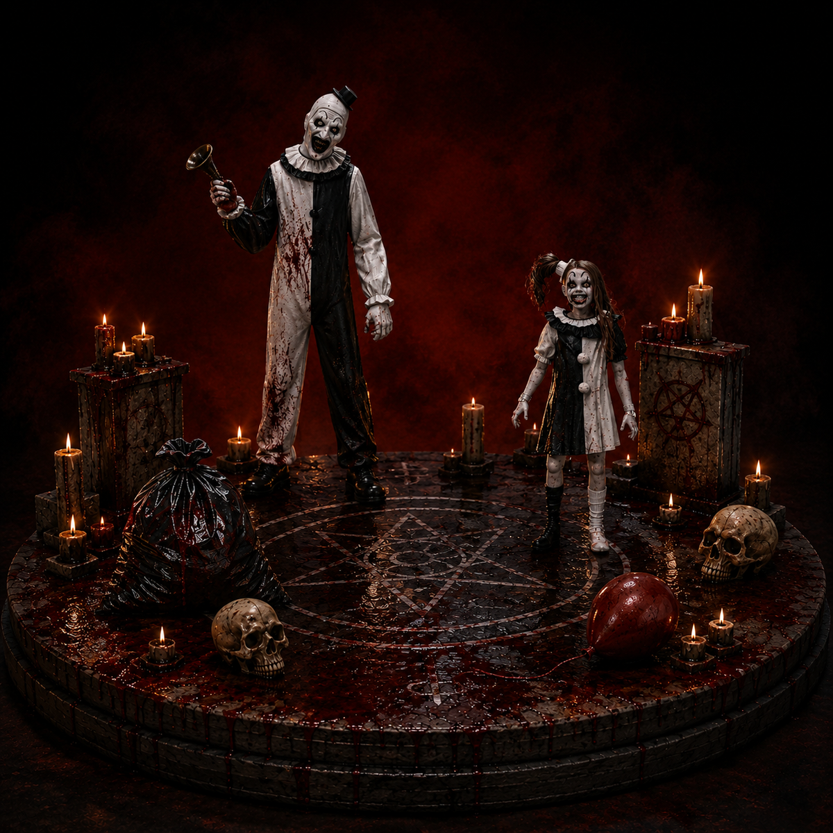 Art the Clown & The Little Pale Girl 3D Hand Painted Terrifier Diorama – 20 cm