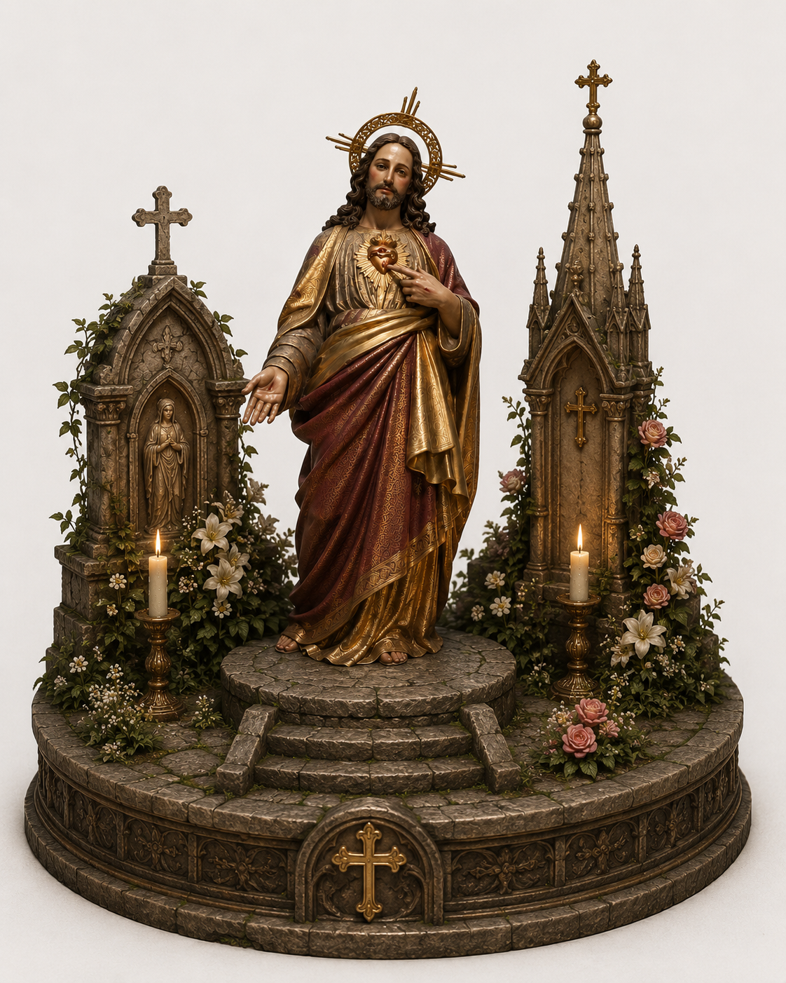 Sacred Heart of Jesus 3D Hand Painted Statue – Gothic Catholic Shrine Diorama – 20 cm