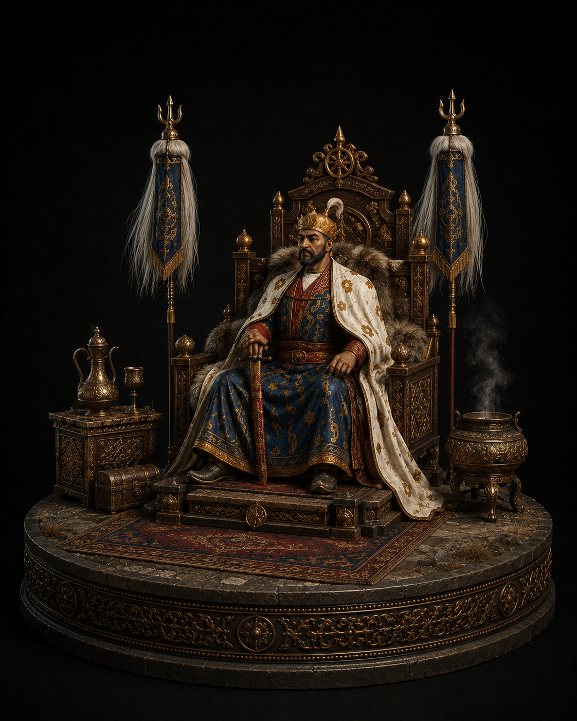 Tamerlane 3D Hand Painted Figurine | Timur on Imperial Throne | Historical Conqueror Statue