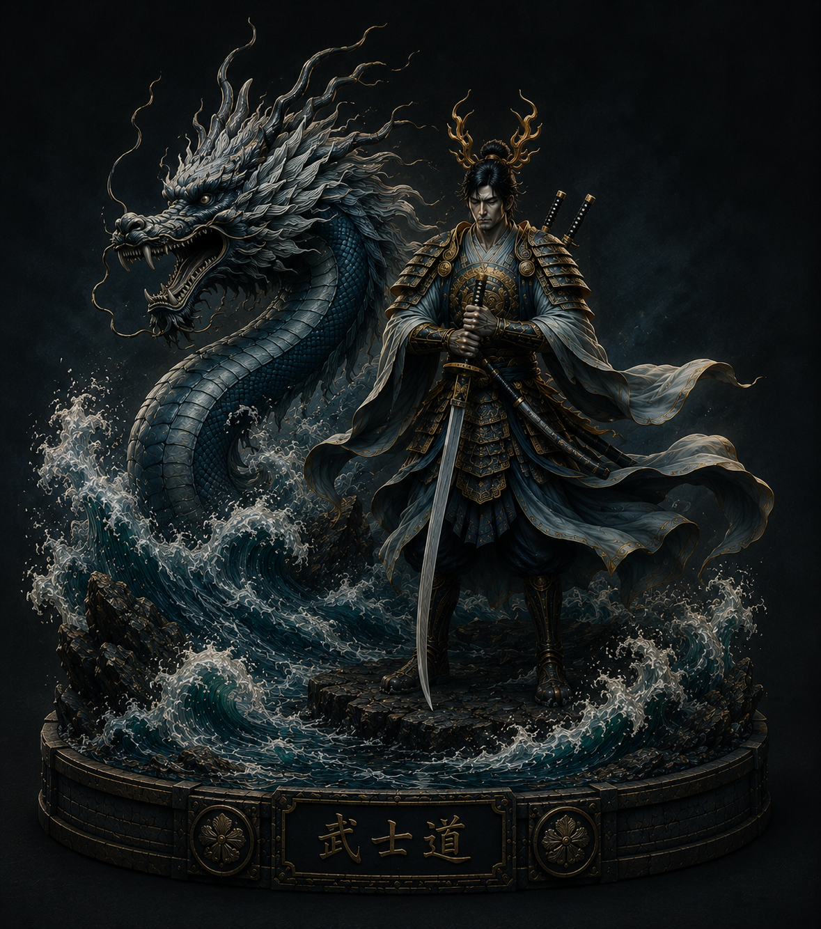 Susanoo 3D Hand Painted Japanese Storm God Figurine – Dragon & Samurai – 20 cm