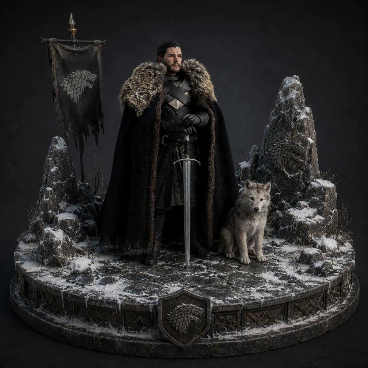 Jon Snow 3D Hand Painted Game of Thrones Diorama – Direwolf & Winterfell – 20 cm