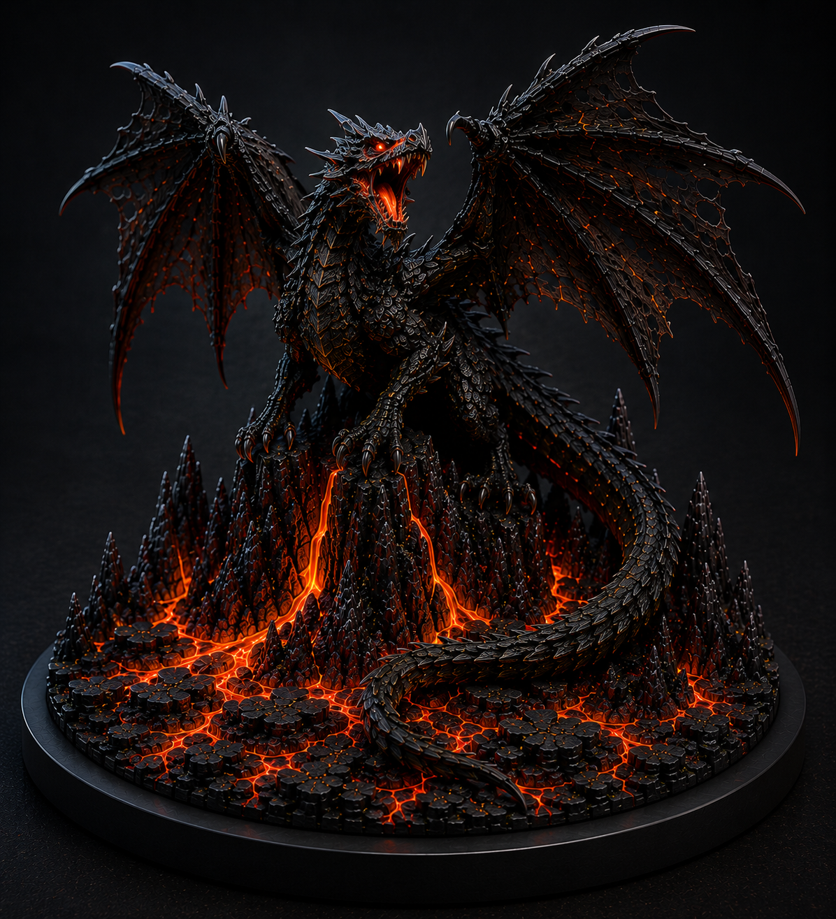 Black Lava Dragon 3D Hand-Painted Figurine – Volcanic Fantasy Dragon 🐉🔥