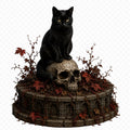 Black Cat & Skull 3D Hand Painted Figurine | Gothic Cemetery Statue