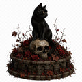 Black Cat & Skull with Roses 3D Hand Painted Figurine | Gothic Cemetery Statue
