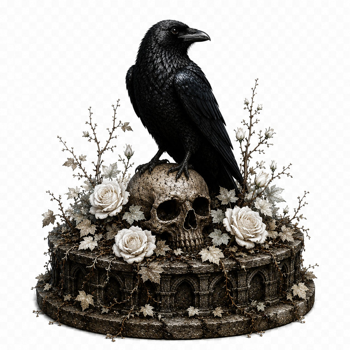 Raven & Skull 3D Hand Painted Figurine | White Rose Gothic Cemetery Statue