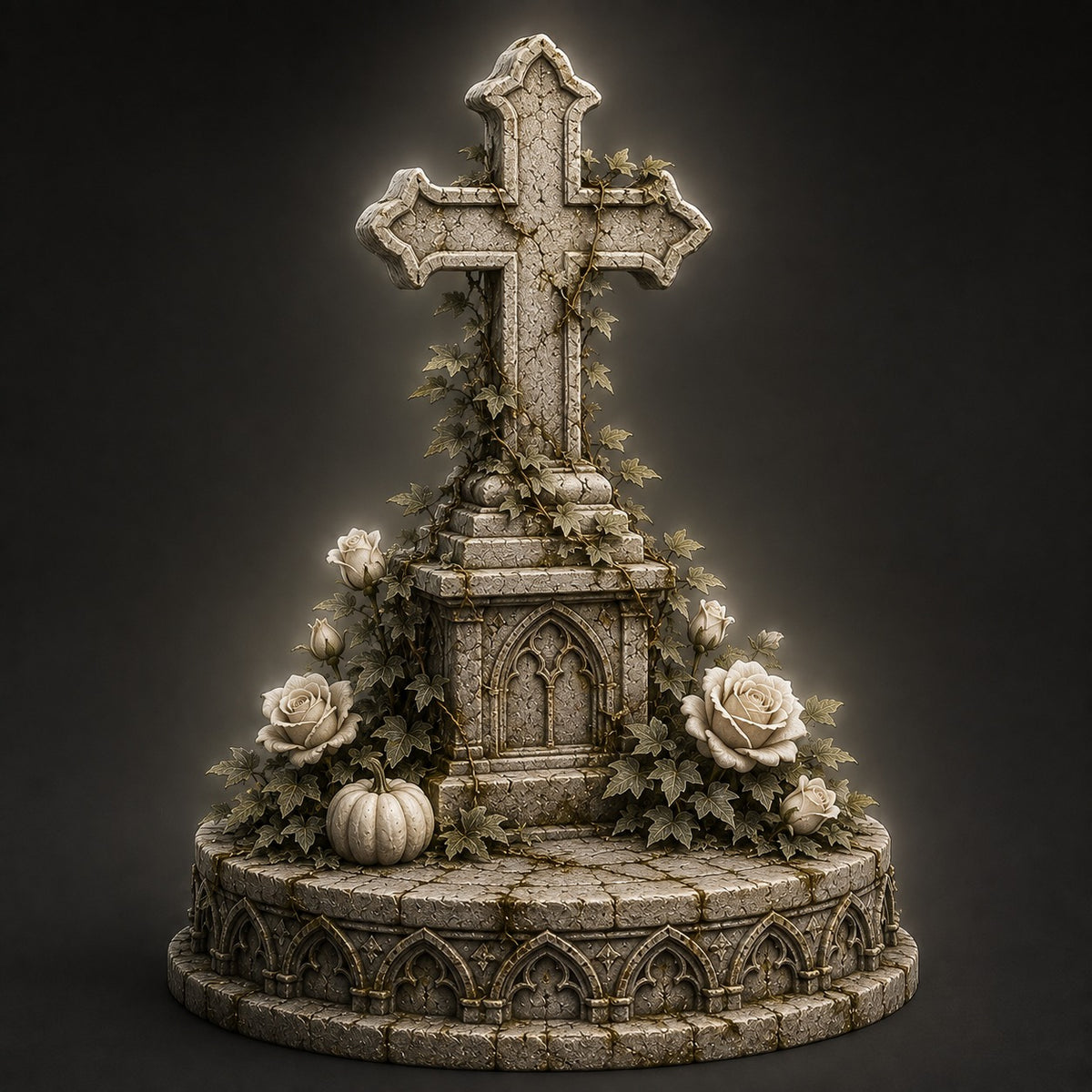 Gothic Cemetery Cross 3D Hand Painted Memorial | White Rose Graveyard Shrine