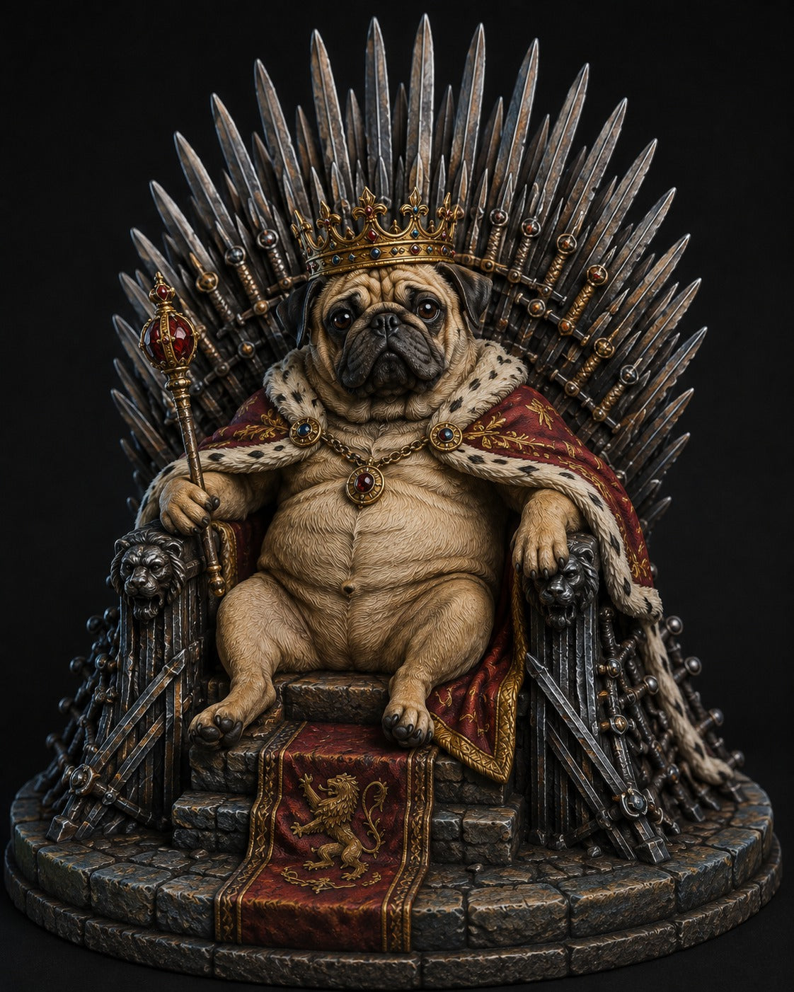 Pug King 3D Hand-Painted Figurine – Iron Throne Royal Dog 👑🐾