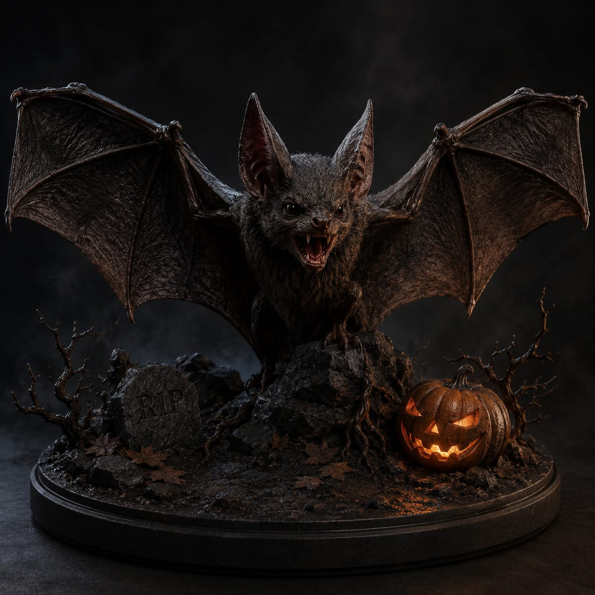 Halloween Bat 3D Hand-Painted Figurine – Graveyard Pumpkin Diorama 🦇🎃