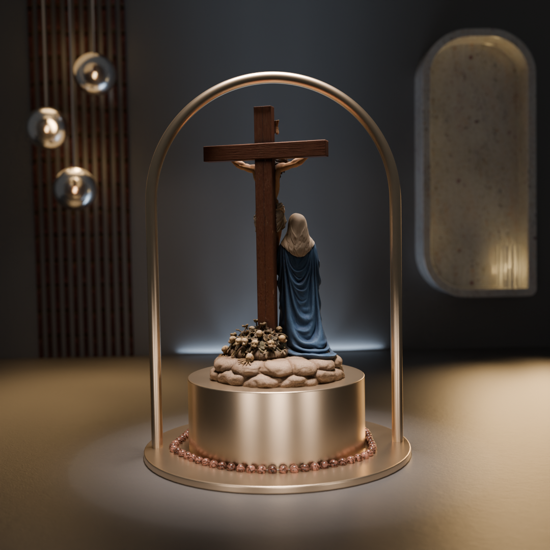 Jesus Christ & Virgin Mary 3D Hand Painted Crucifix Statue – Christian Religious Figurine – 20 cm