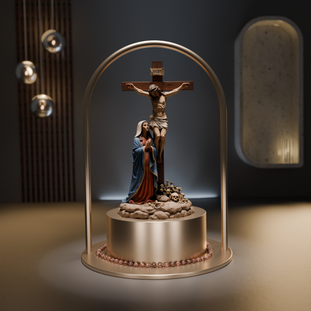 Jesus Christ & Virgin Mary 3D Hand Painted Crucifix Statue – Christian Religious Figurine – 20 cm