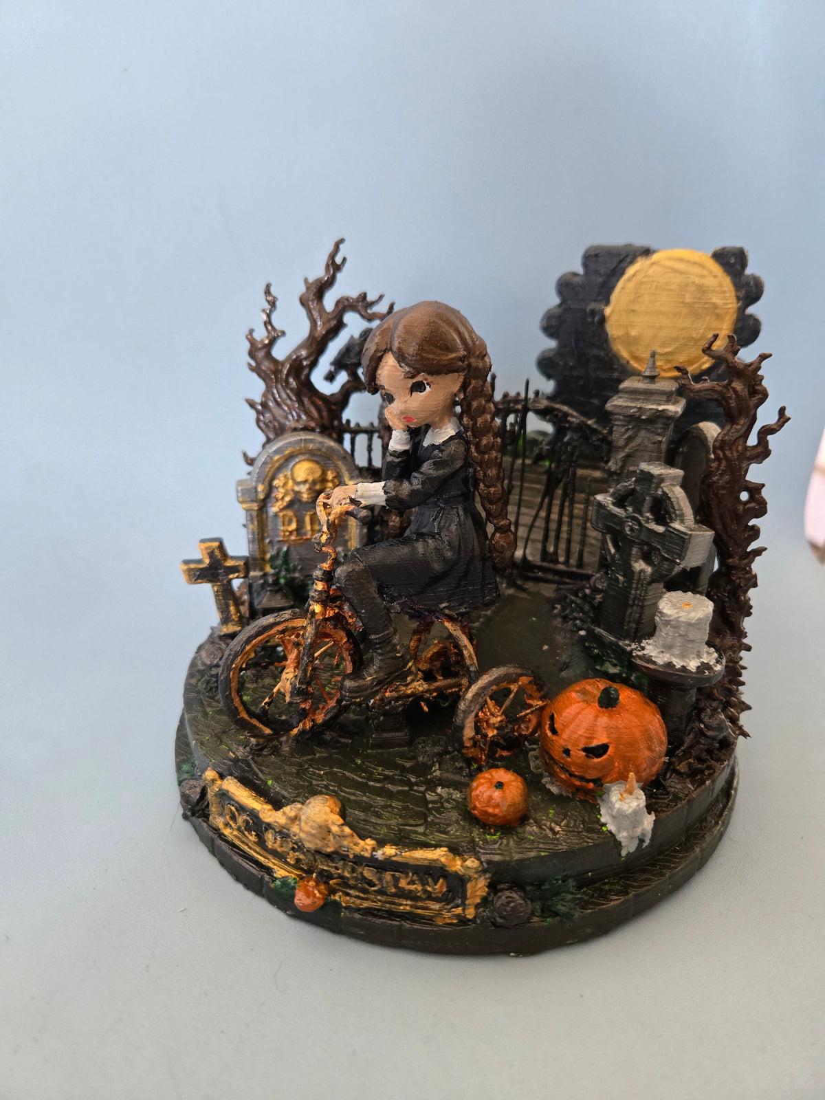 OG Wednesday Addams 3D Hand-Painted Figurine | Gothic Graveyard Tricycle Diorama
