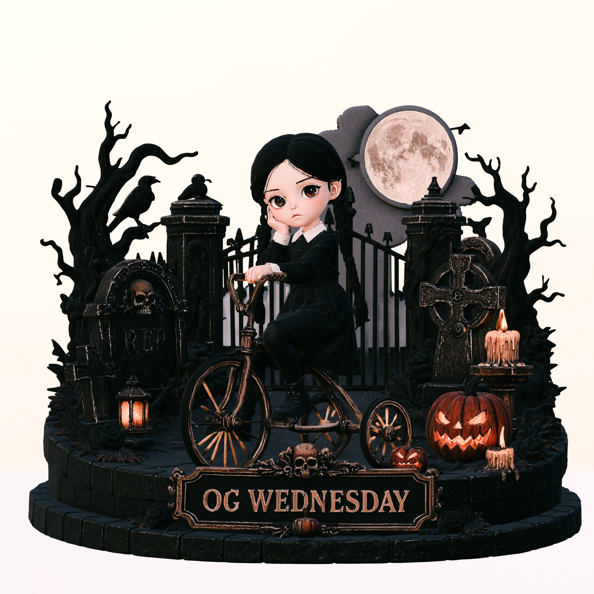 OG Wednesday Addams 3D Hand-Painted Figurine | Gothic Graveyard Tricycle Diorama